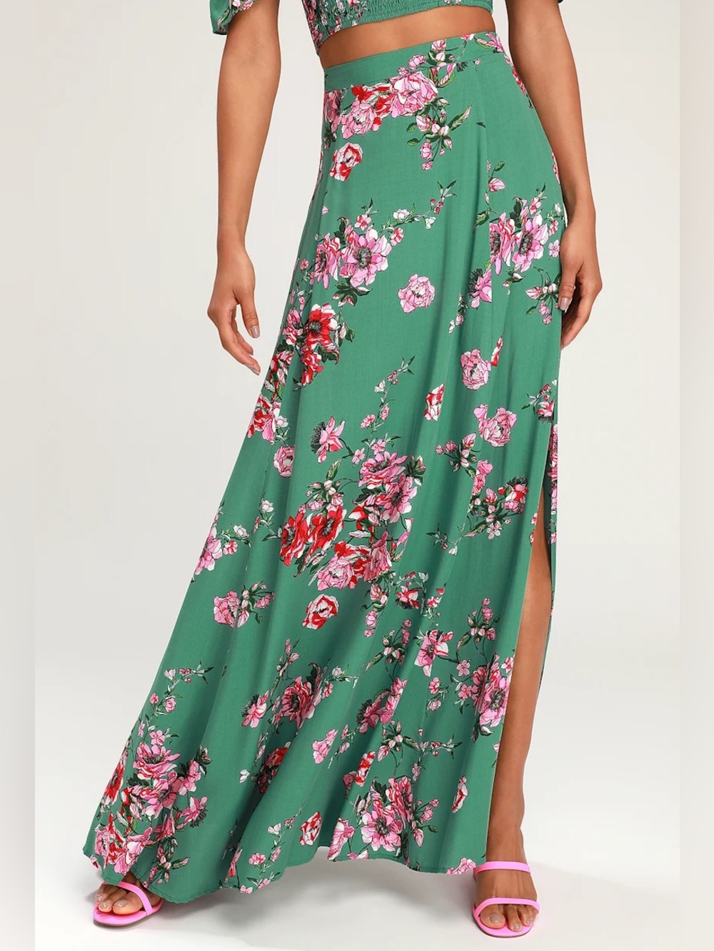 Lulu's Away On Vacay Green Floral Print-  Maxi  Skirt  ~ Size M